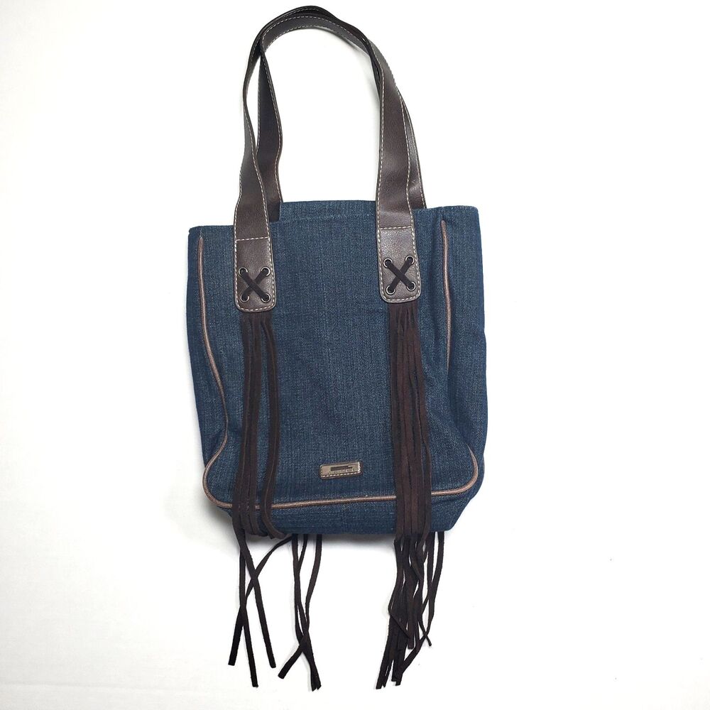 Vintage Guess Denim Shoulder Bag Blue Brown Details Fringe Purse Y2K Tote